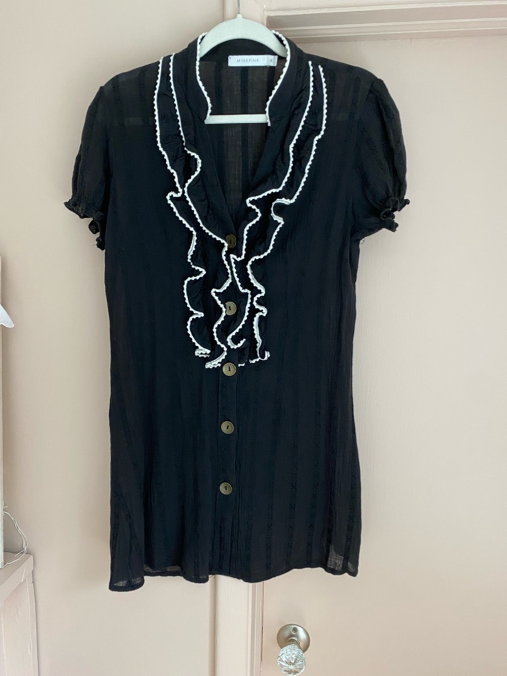 MINKPINK Black Blouse with White Pom-Trim Collar